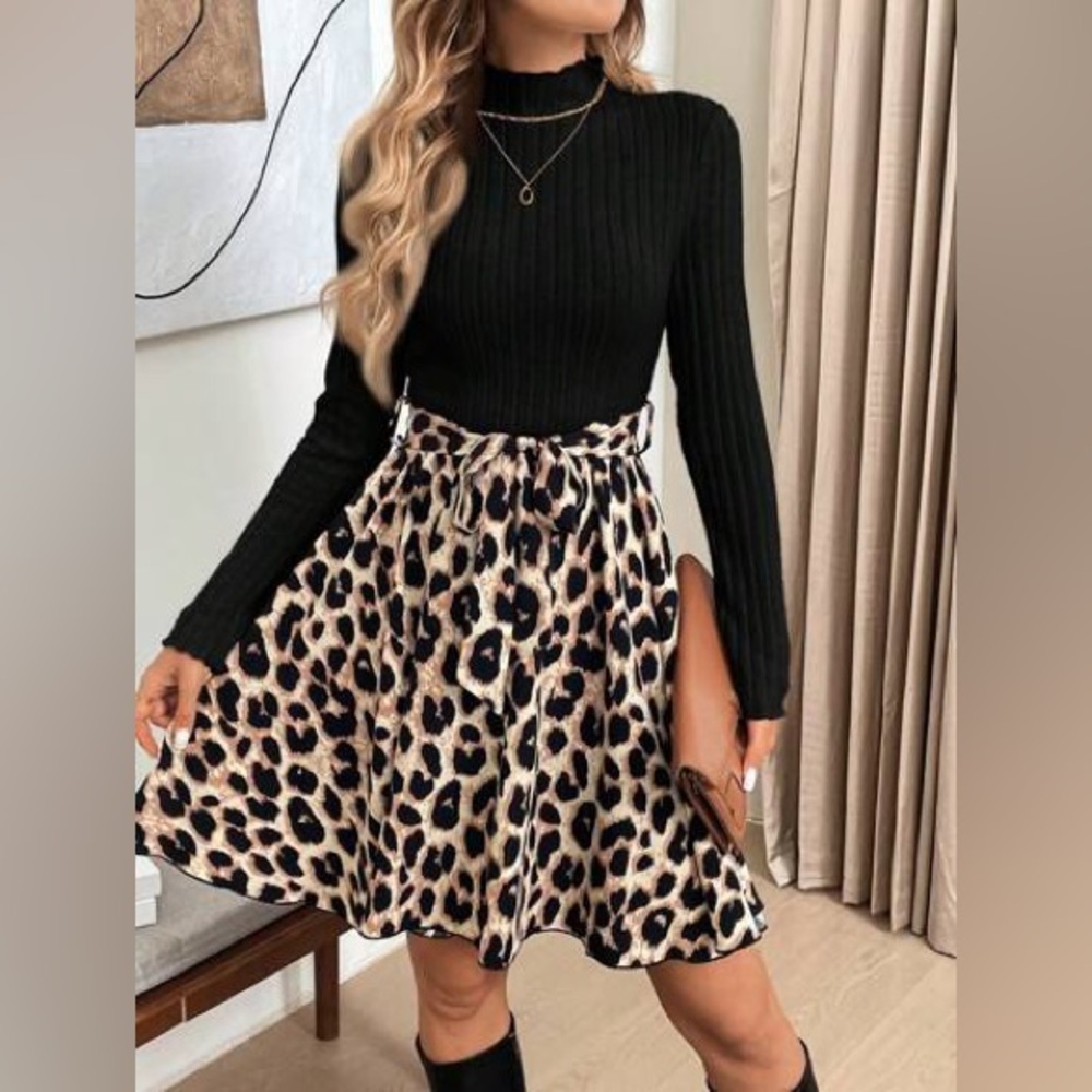 🖤 Leopard Print Dress with Black Ribbed Top & Tie Waist